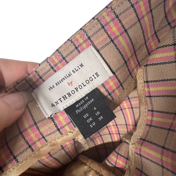 Anthropologie Essential Slim Tan Plaid Ankle High Rise Pants 6 - Picture 5 of 13